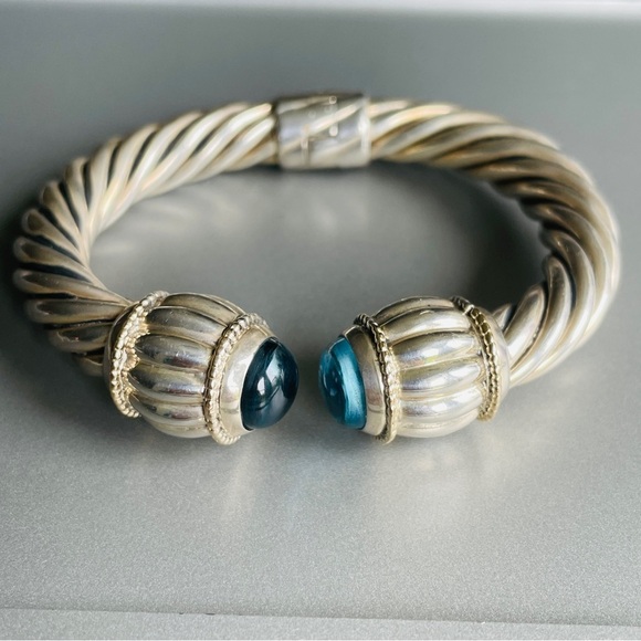 Large Blue Topaz 14k Gold & Sterling Silver 10mm Classic Cable Cuff Brac… - Picture 5 of 11